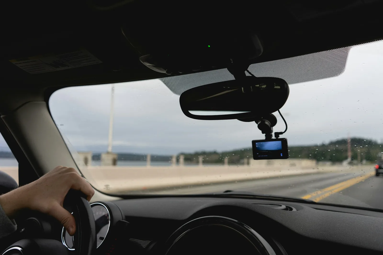 View through a windshield with a camera mounted behind the mirror